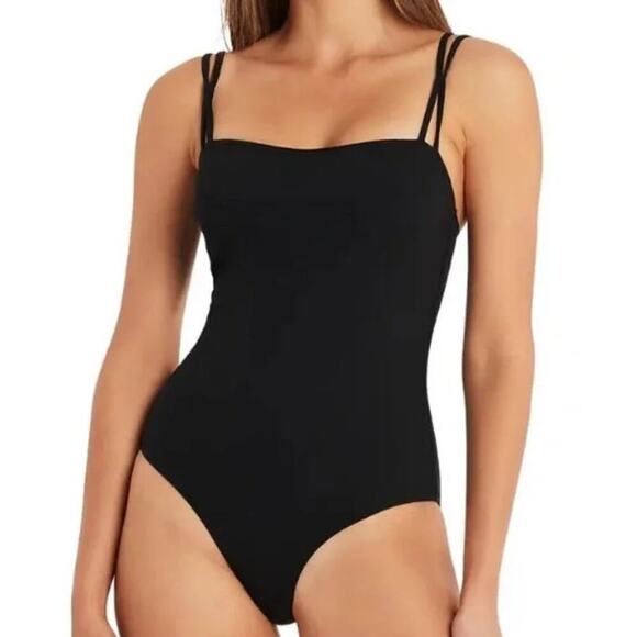 SEA LEVEL SWIM 292767 Dark Romance High Leg Bandeau One-Piece Swimsuit Black 6 - Picture 1 of 8